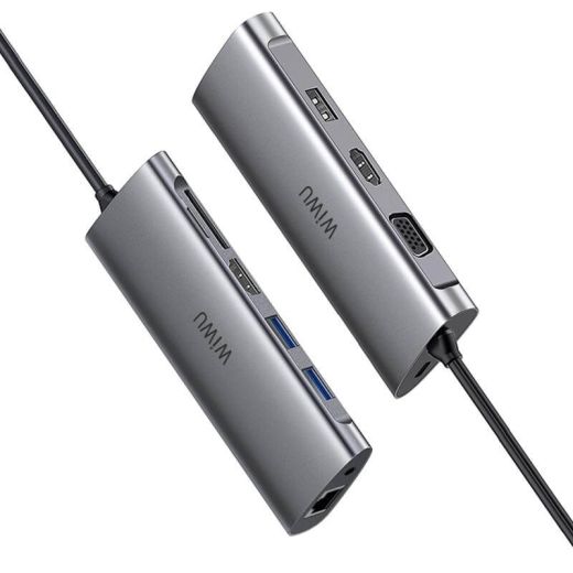 Адаптер WIWU Alpha A11312H 11in1 USB-C to USB-C+3xUSB3.0+SD/Micro SD+VGA+2xHDMI+RJ45+3.5mm Grey